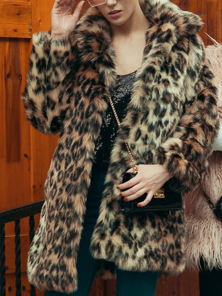 Leopard Print Faux Fur Coat Women 2022 Winter Long Sleeve Turn-down