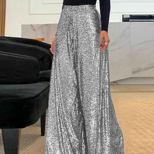 Sequins Sharkly Shiny Party Pants  Wide Leg Hem Pleated Trousers