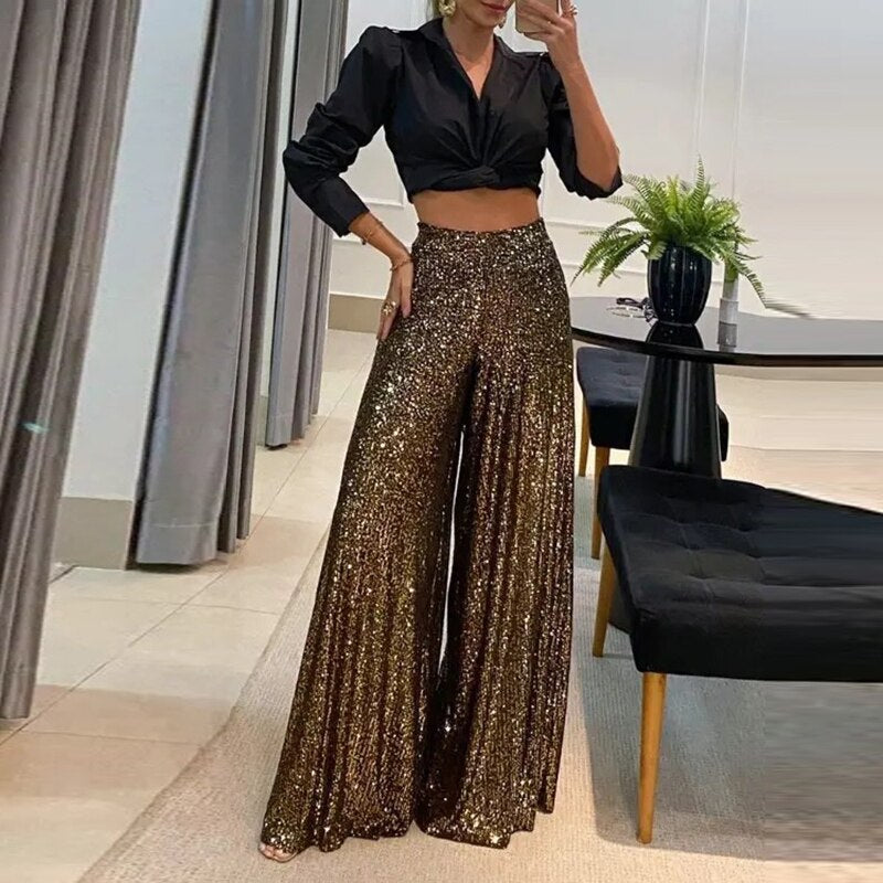 Sequins Sharkly Shiny Party Pants  Wide Leg Hem Pleated Trousers