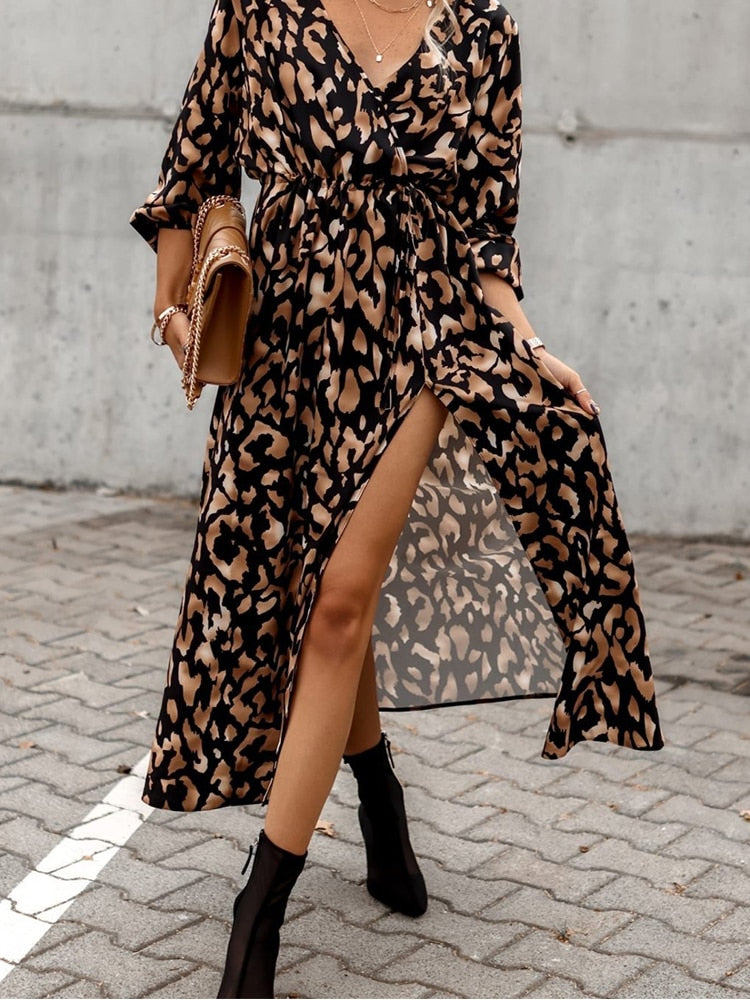 Leopard Print Coffee Split V Neck Long Dress