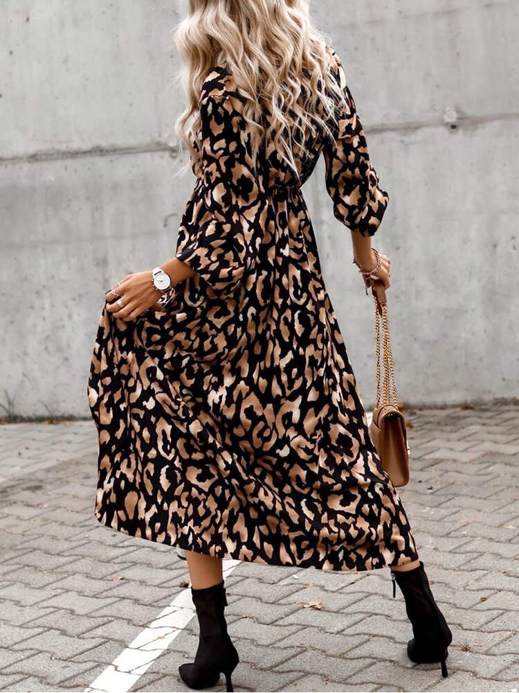 Leopard Print Coffee Split V Neck Long Dress