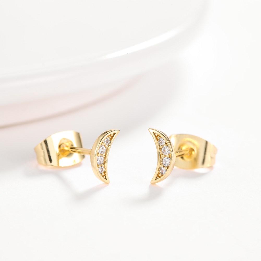 Cresent Moon Pave Stud Earring in 18K Gold Plated with  Crystals | Silver Milo