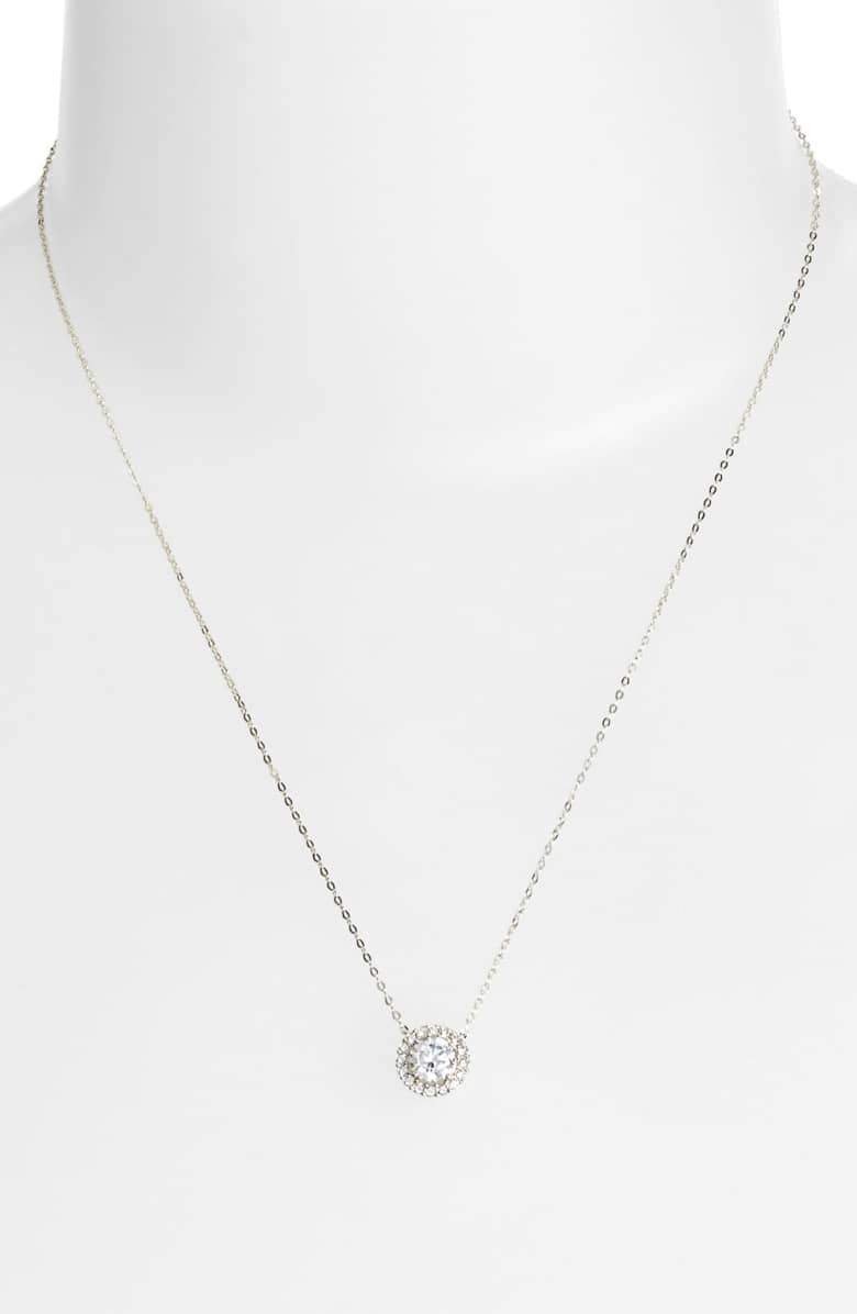 1.00 CT  Crystal Halo Disc Necklace 18" - 18K White Gold Plated