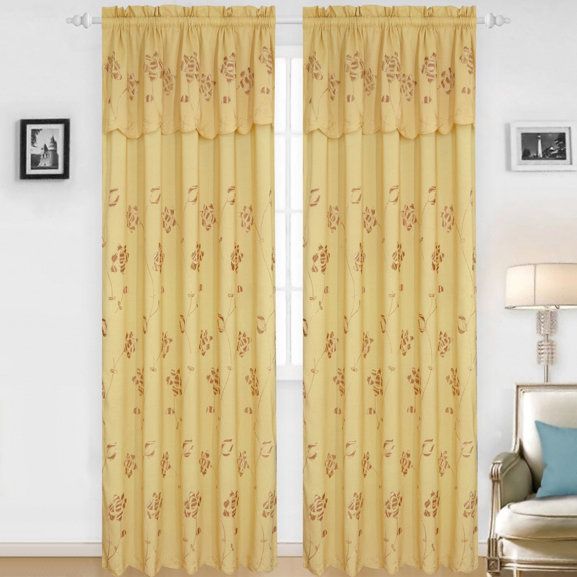 Claire - Jacquard Rod Pocket Panel with Attached Valance Set of Two -