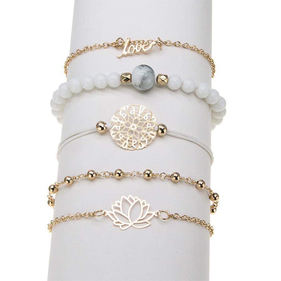 Arcoris White Marble Filigree Pendant & Love 5 Piece Bracelet Set