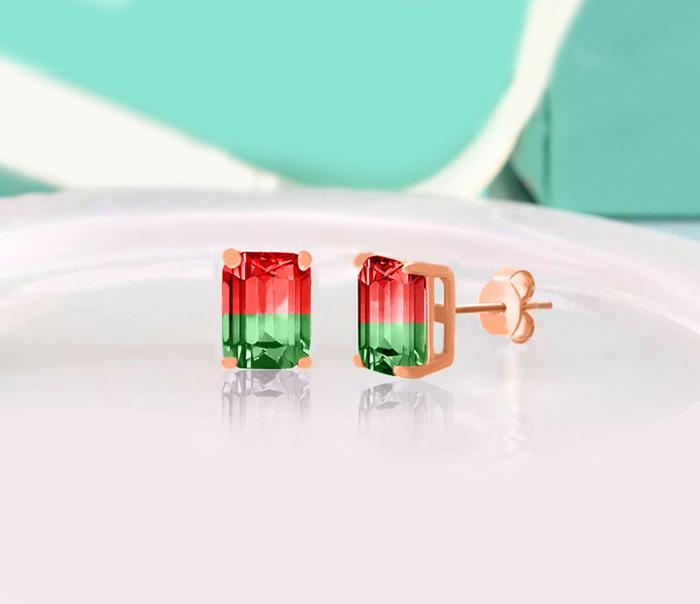 5.00 Ctw Emerald Cut Ruby/Emerald Stud Earringsin 18K Rose Gold Plated