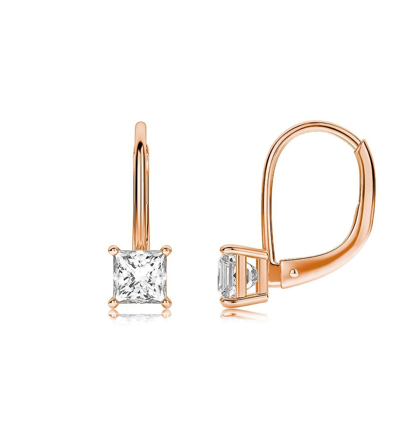 Princess Cut  Elements Simple Leverback Earrings in 14K Rose Gold