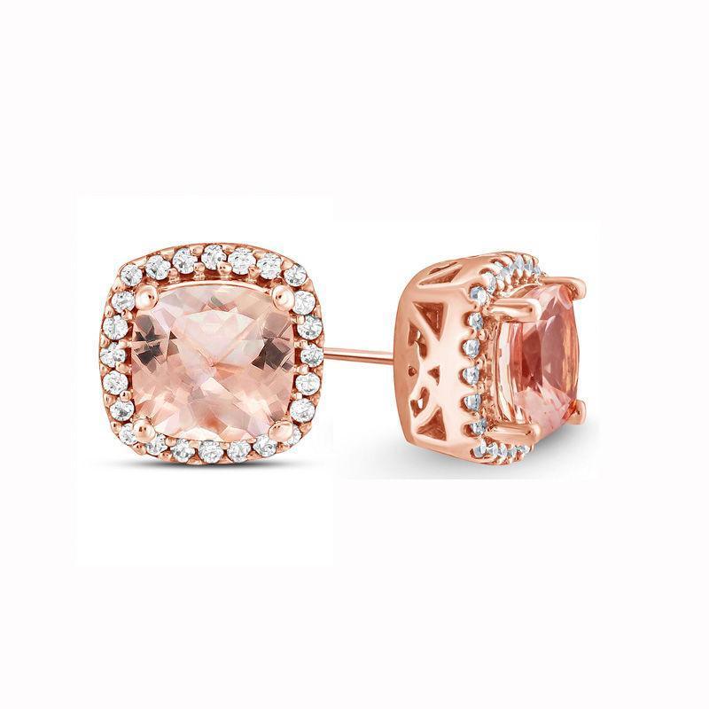 1.00 CT Morganite Halo Princess Cut Stud Earring in 18K Rose-Gold Plated