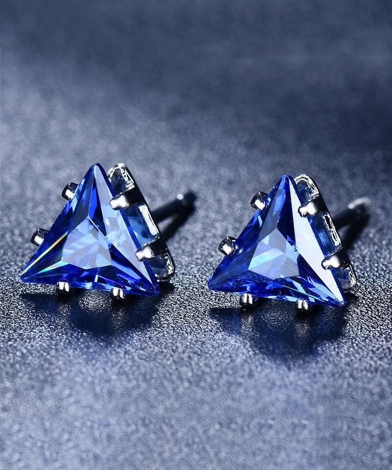 6mm Triangle Stud Earring With Austrian Crystals - Sapphire in 18K