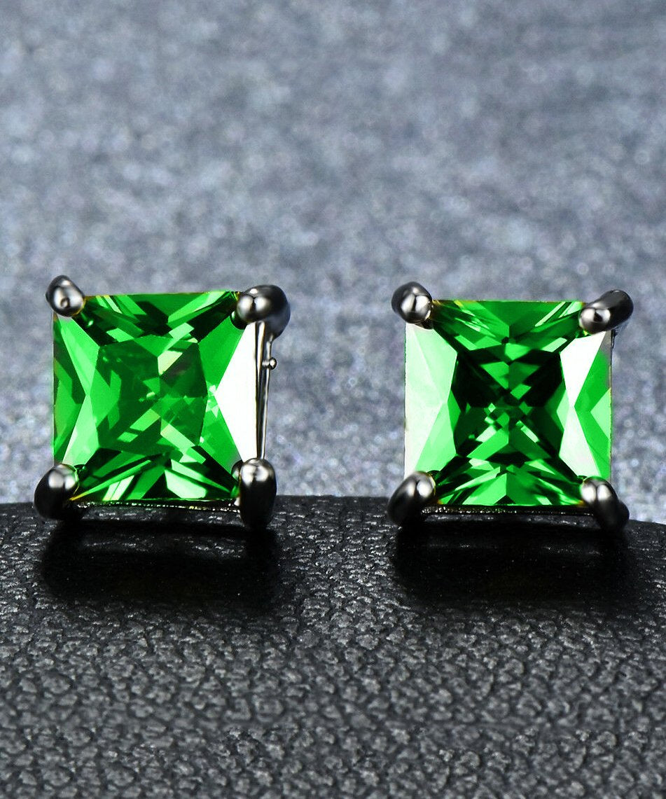 6mm Princess Stud Earring with Austrian Crystals -Green in 18K White