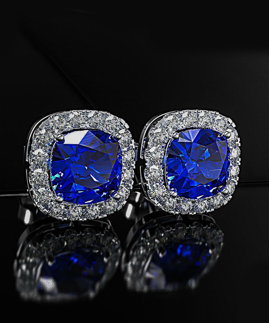 Princess Halo Cut Stud Earring With Austrian Crystals - Blue in 18K