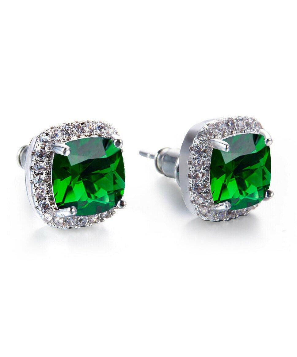 Princess Halo Cut Stud Earring With Austrian Crystals - Green in 18K