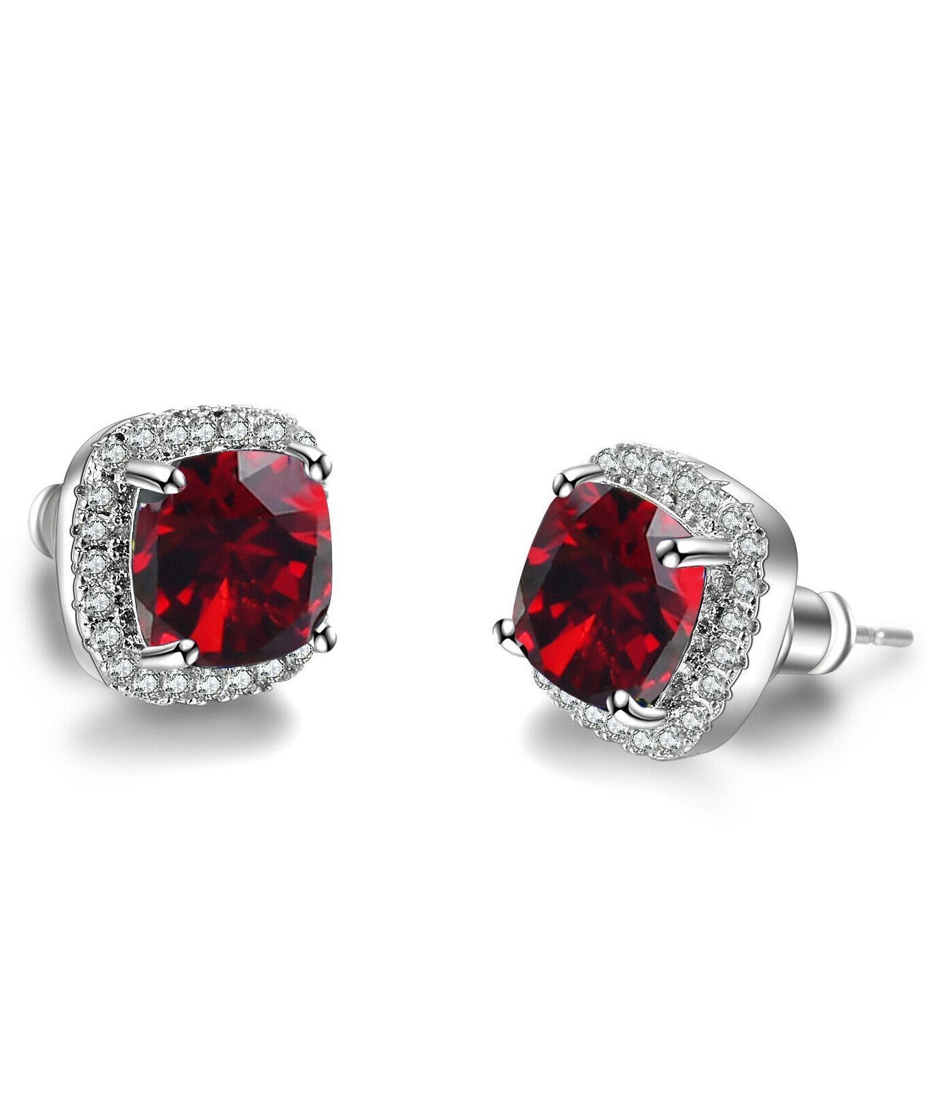 Princess Halo Cut Stud Earring With Austrian Crystals - Red in 18K