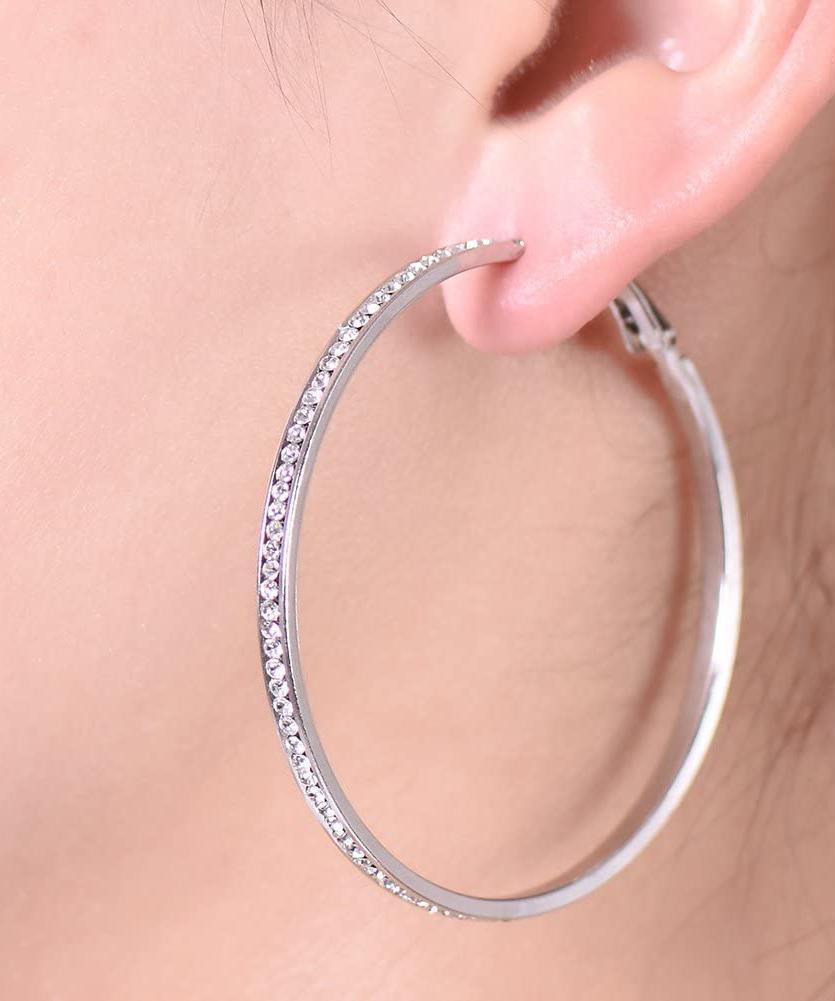 2" Pave Hoop Earring With Austrian Crystals in 18K White Gold Plated