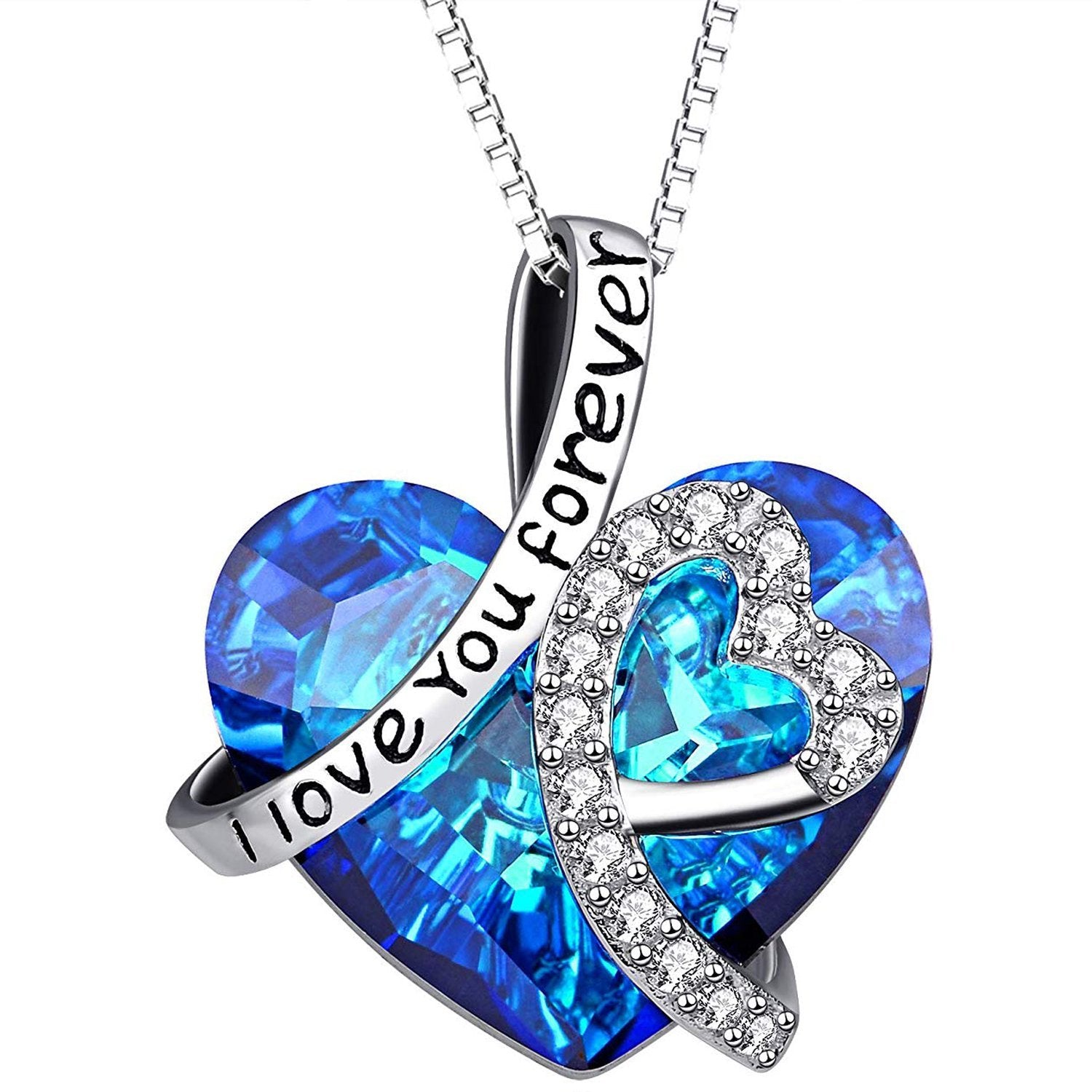 I LOVE YOU FOREVER Blue  Crystal Heart Necklace & Gift Box in 18K