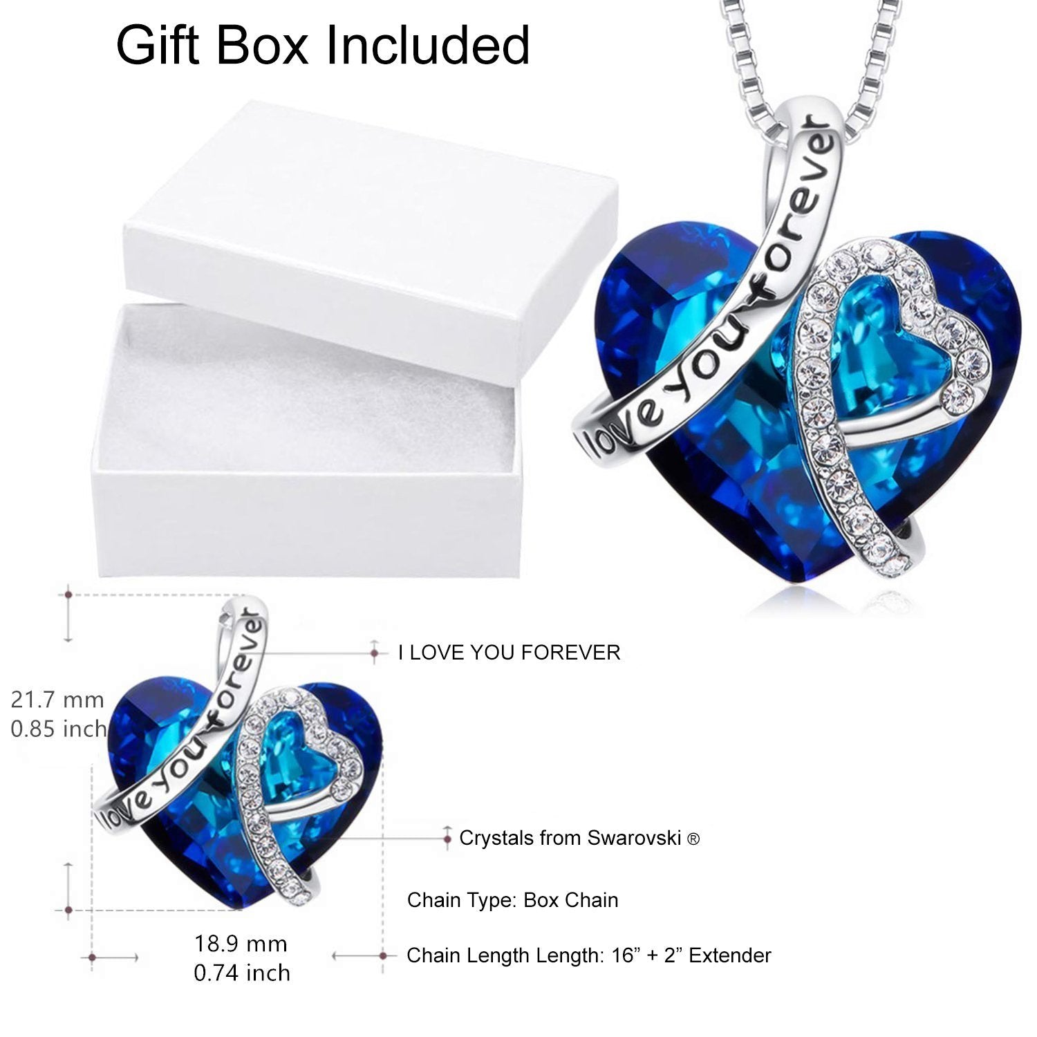 I LOVE YOU FOREVER Blue  Crystal Heart Necklace & Gift Box in 18K