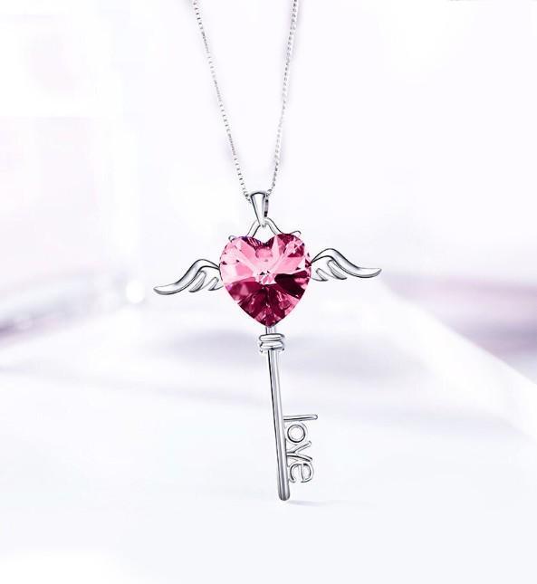 Heart Shaped Pink  Elements Dangling Key Necklace in 14K White Gold | Silver Milo