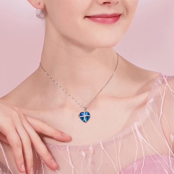 Bermuda Blue  Sleek Heart Pav'e Lining Necklace in 14K White Gold