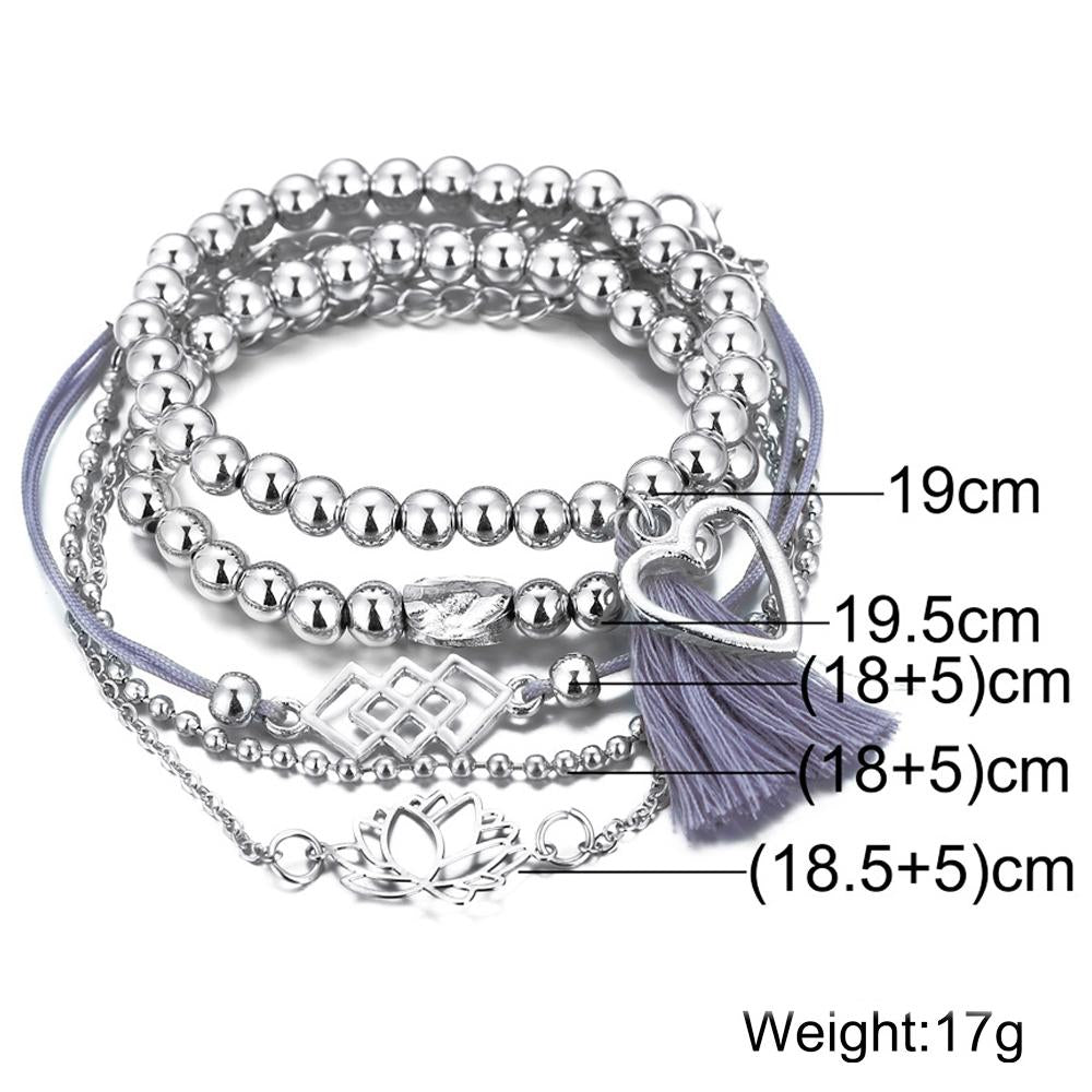 5 Piece Gray Tassell Bracelet Set 18K White Gold Plated Bracelet in