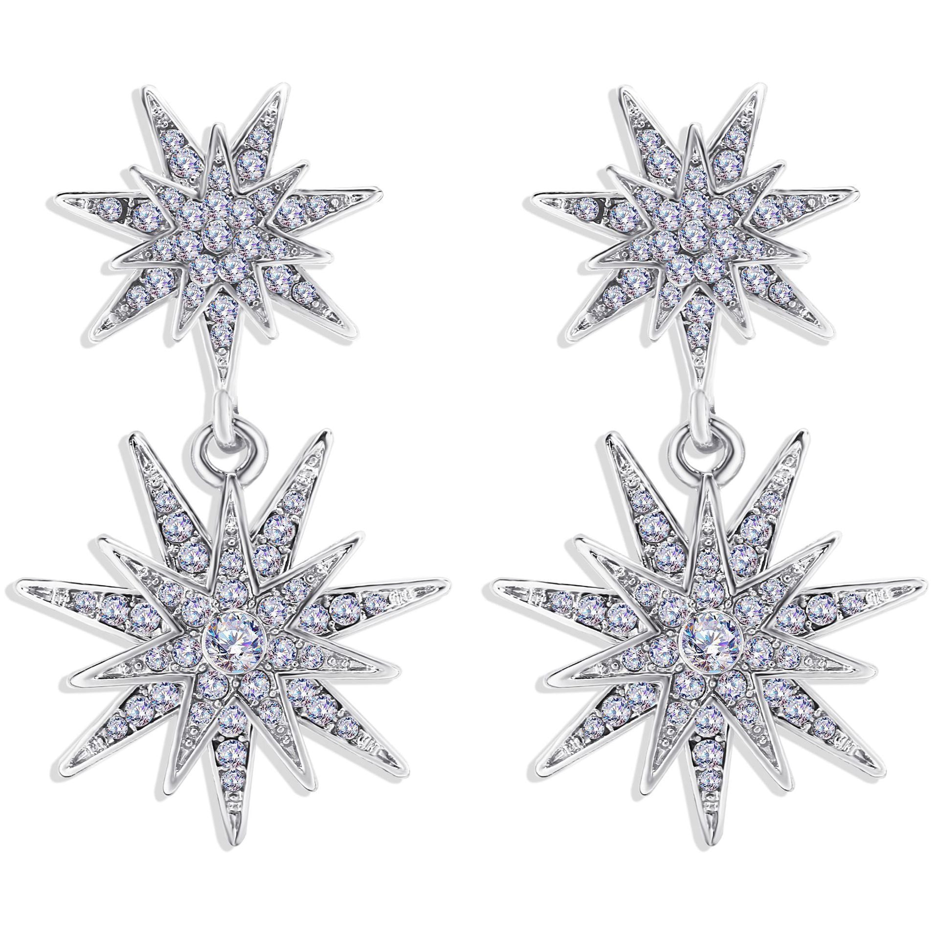 Celestial Star Drop Earring With Austrian Crystals 18K White Gold