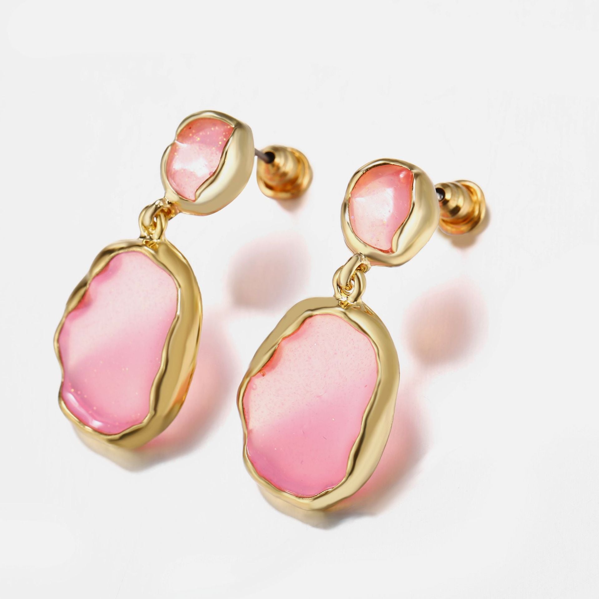 Transparent Glass Stone Drop Earring - Pink 18K Gold Plated Earring in