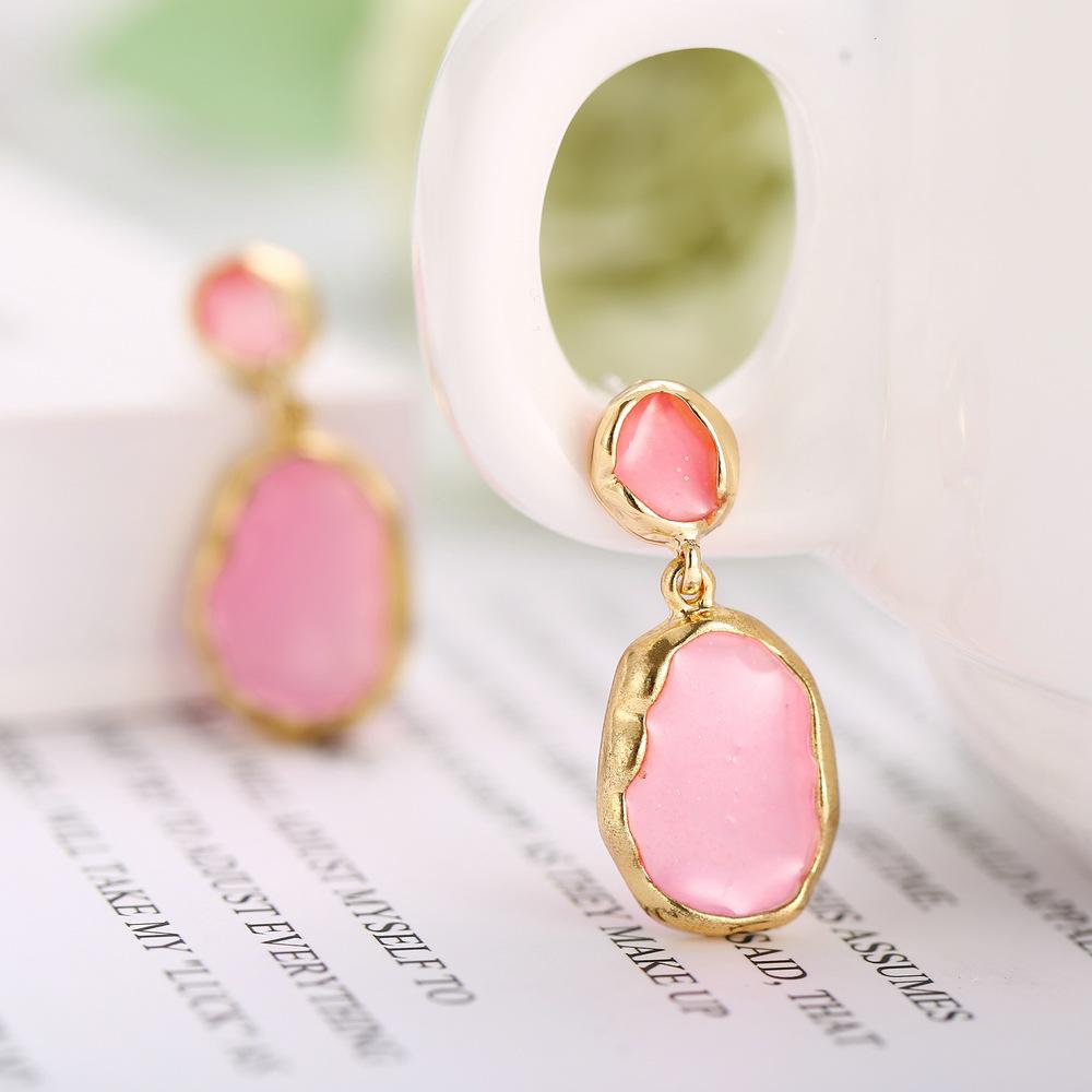 Transparent Glass Stone Drop Earring - Pink 18K Gold Plated Earring in