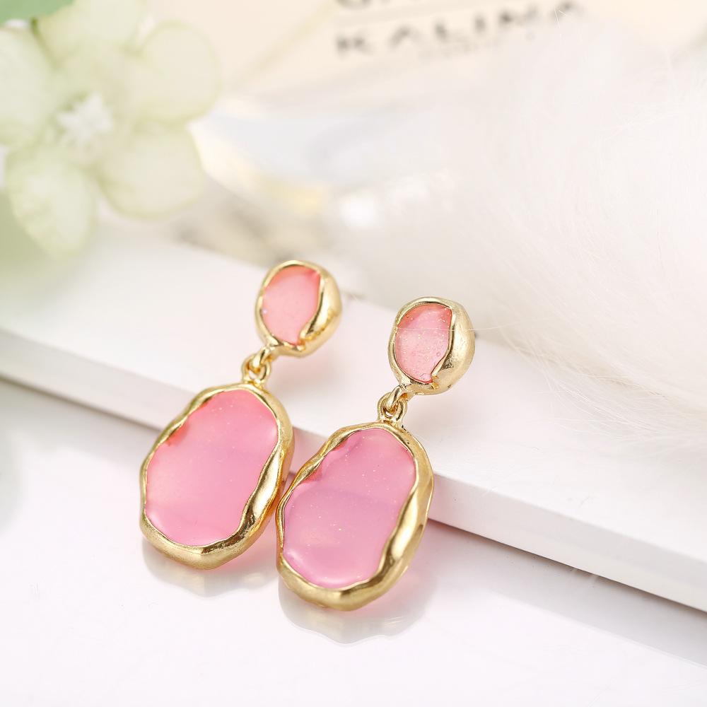 Transparent Glass Stone Drop Earring - Pink 18K Gold Plated Earring in