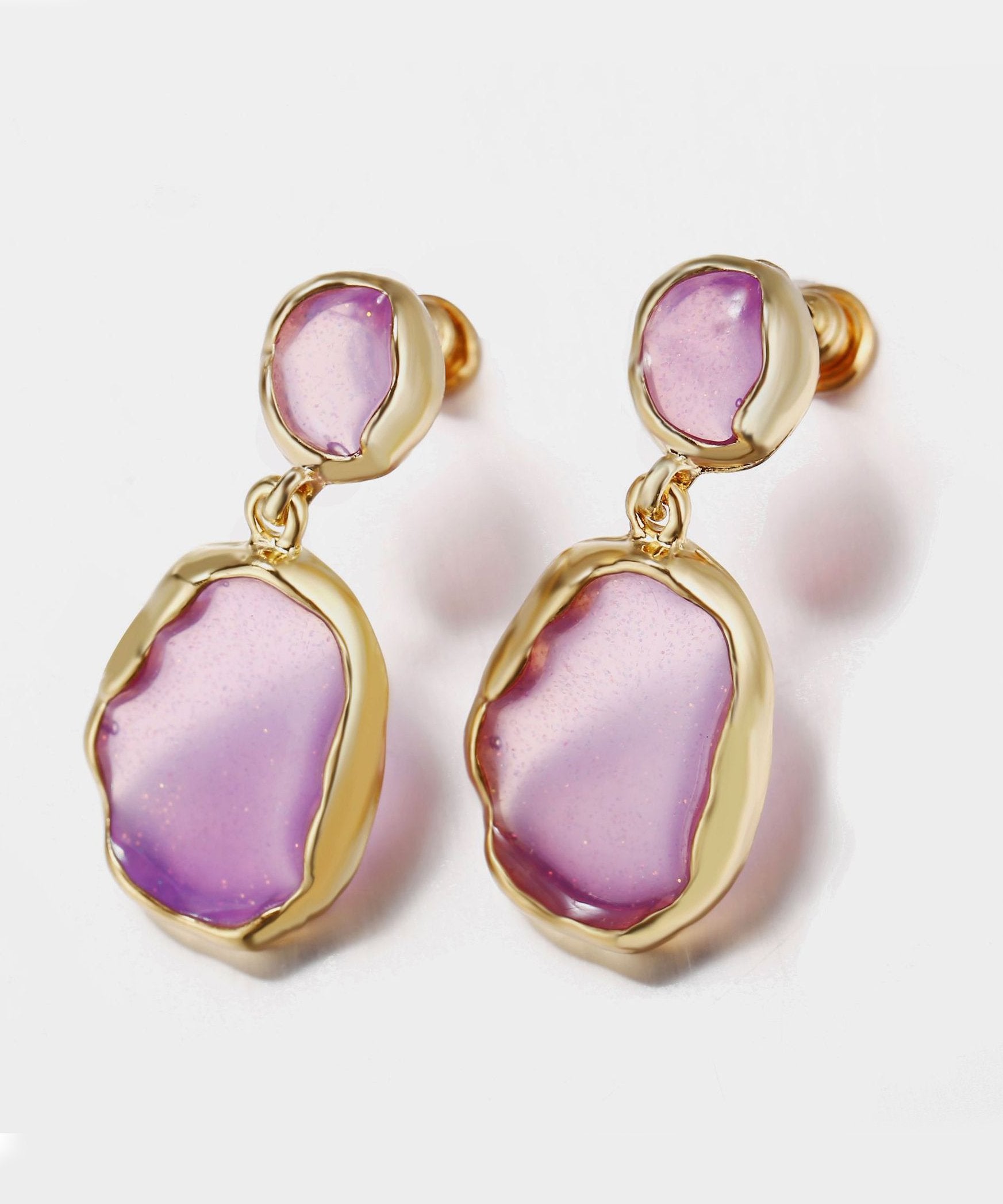 Transparent Glass Stone Drop Earring - Purple 18K Gold Plated Earring