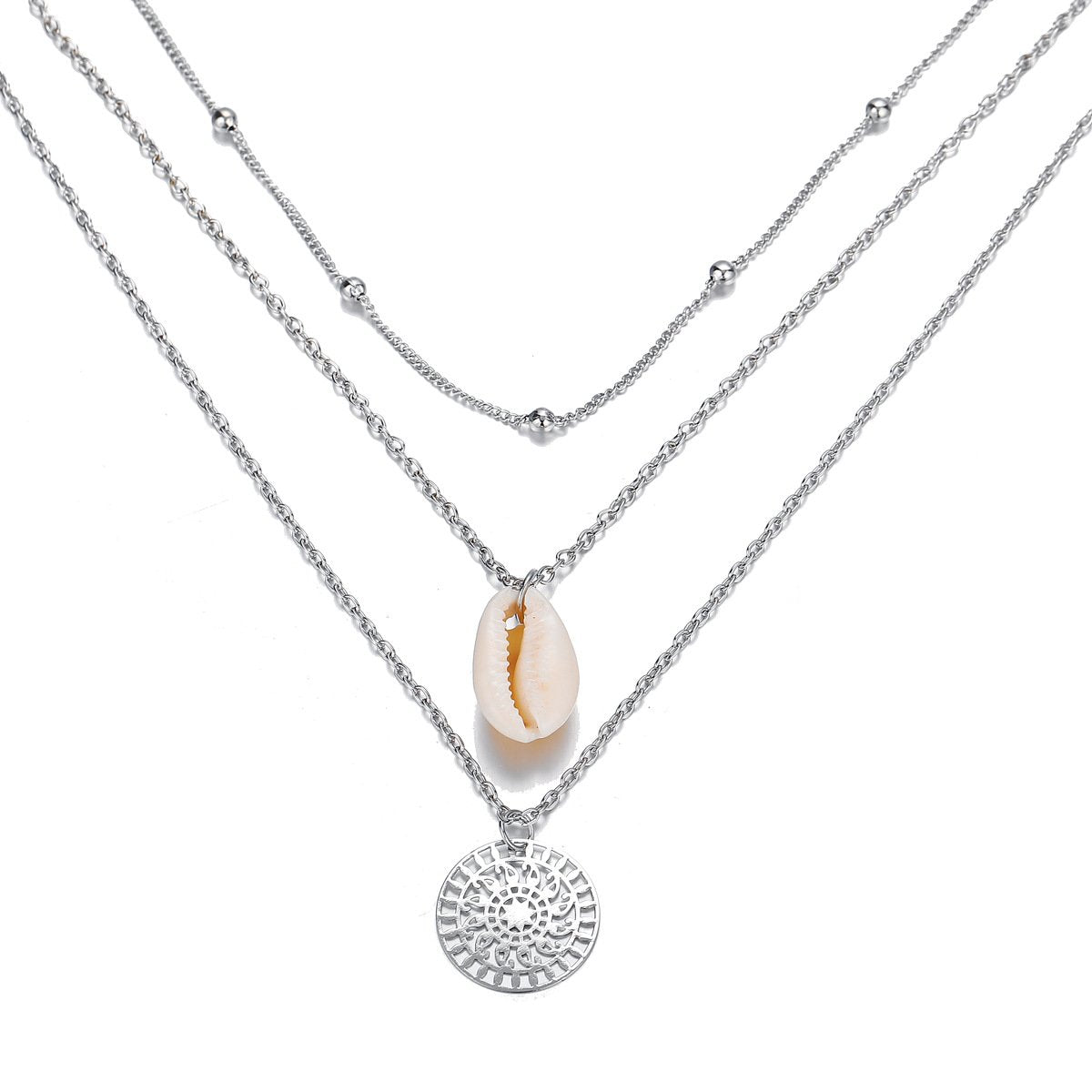 Bohemian and Shell 3 Piece Layer 18K Gold Plated Necklace in 18K Gold