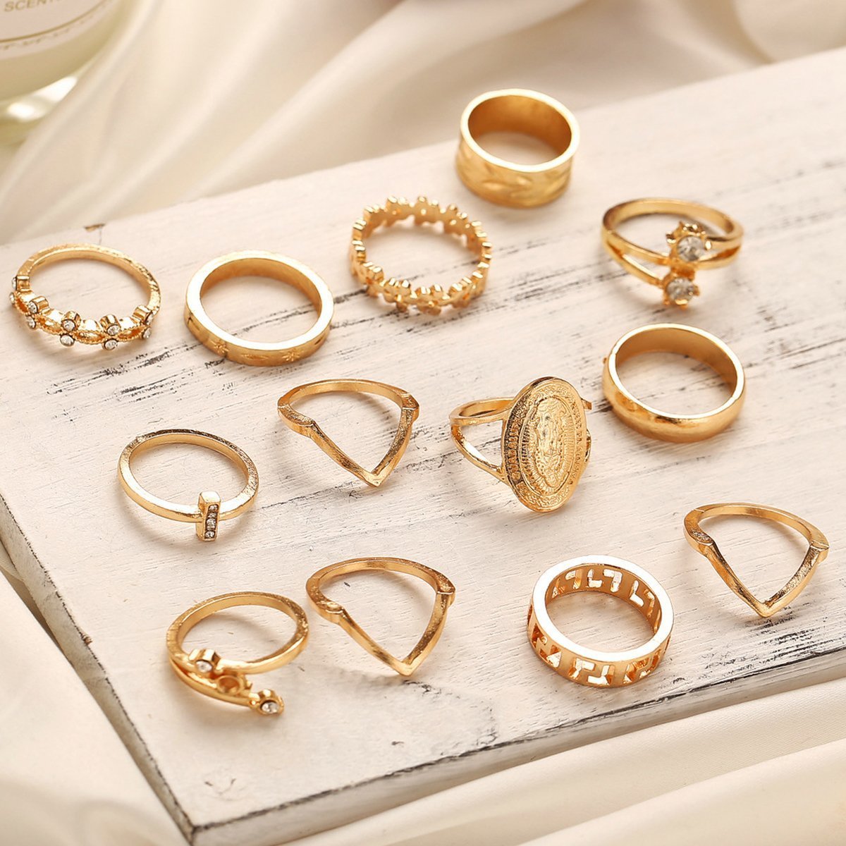 13 Piece Medallion Ring Set With Austrian Crystals 18K Gold-Plated