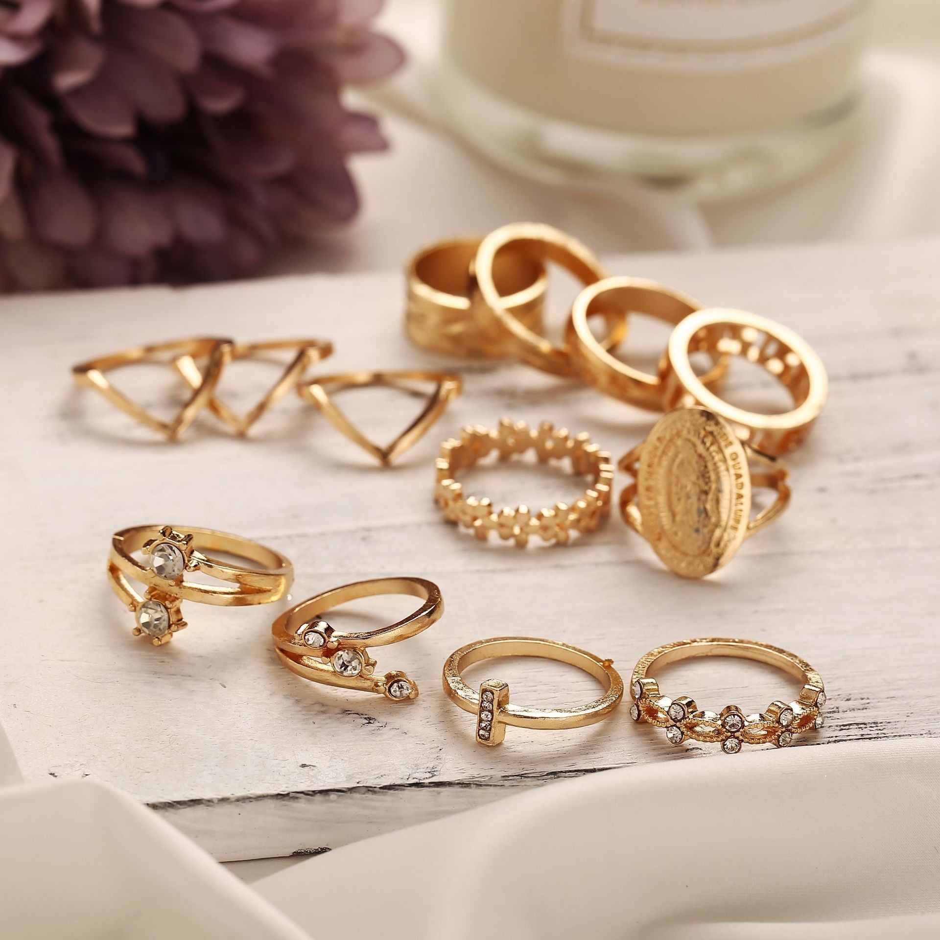 13 Piece Medallion Ring Set With Austrian Crystals 18K Gold-Plated