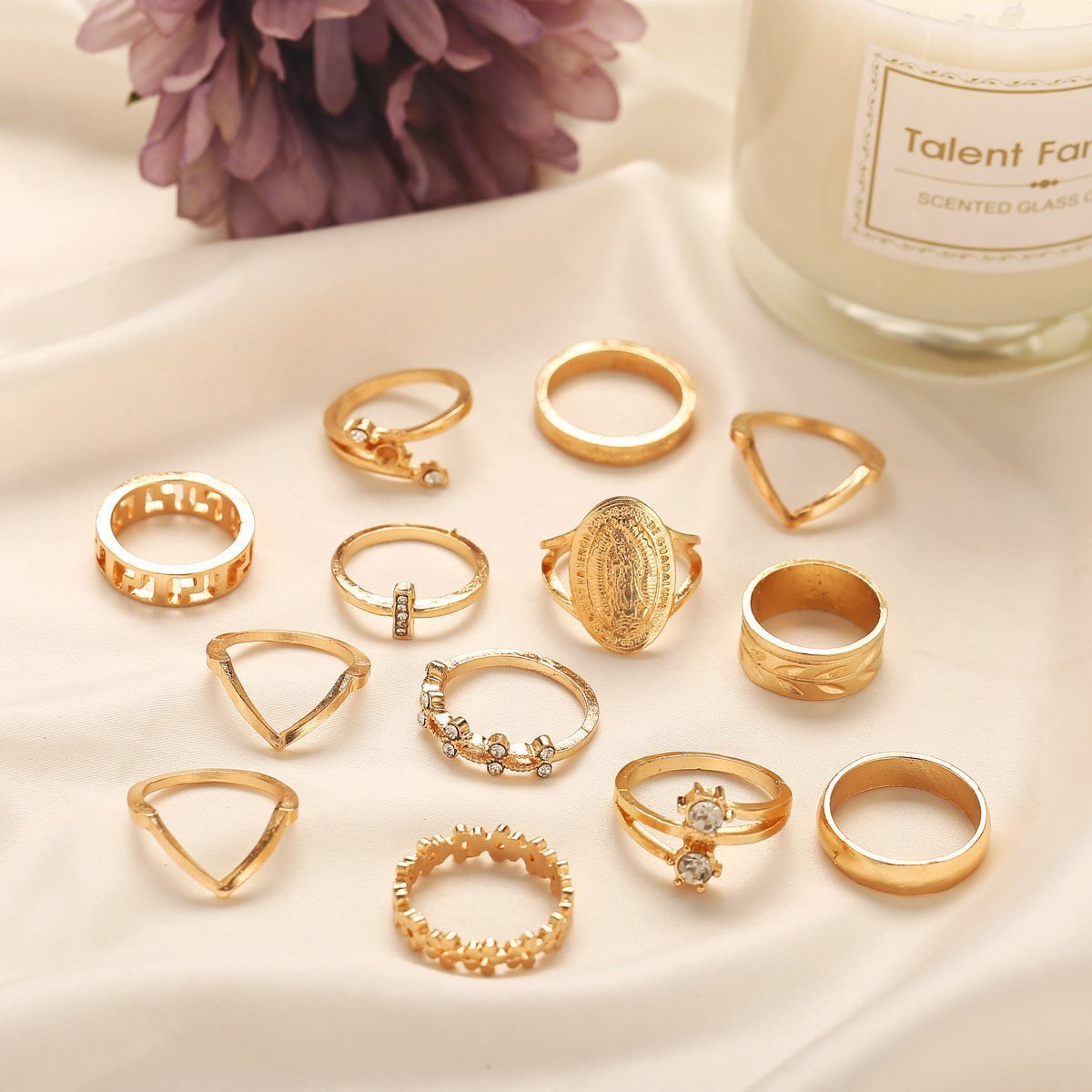 13 Piece Medallion Ring Set With Austrian Crystals 18K Gold-Plated