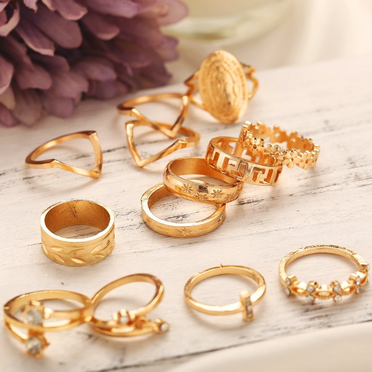 13 Piece Medallion Ring Set With Austrian Crystals 18K Gold-Plated