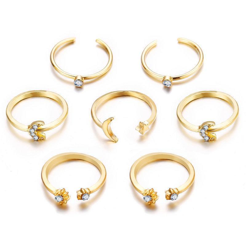 7 Piece Moon & Stars Ring Set With Austrian® Crystals 18K Gold Plated