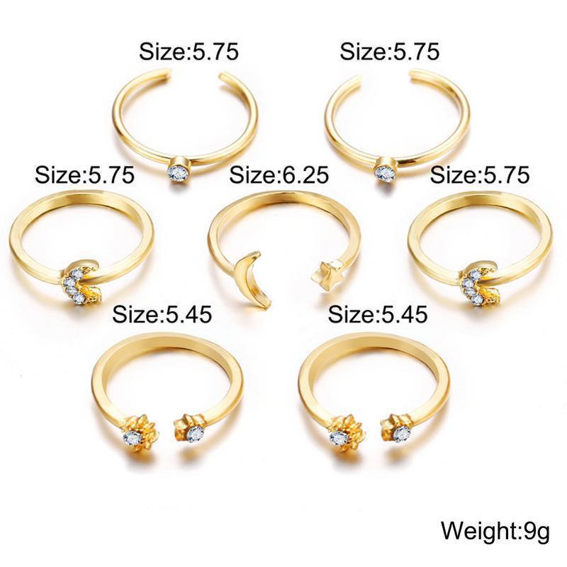 7 Piece Moon & Stars Ring Set With Austrian® Crystals 18K Gold Plated