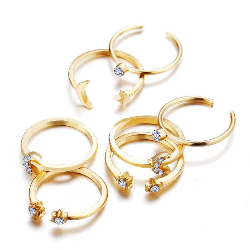 7 Piece Moon & Stars Ring Set With Austrian® Crystals 18K Gold Plated