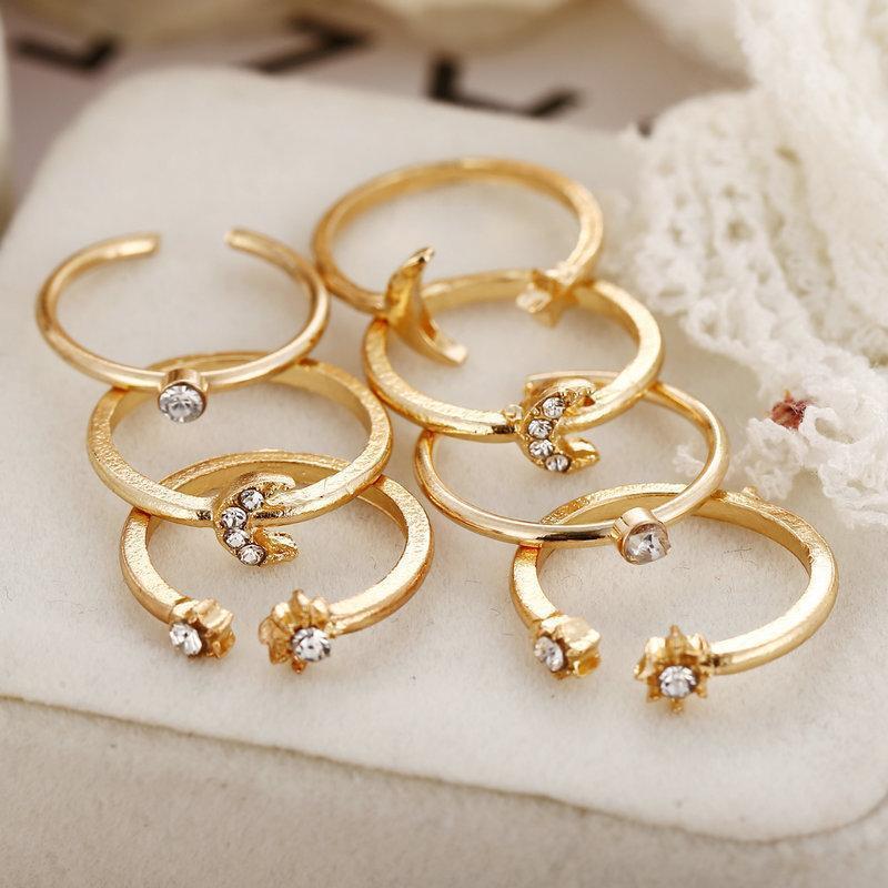 7 Piece Moon & Stars Ring Set With Austrian® Crystals 18K Gold Plated