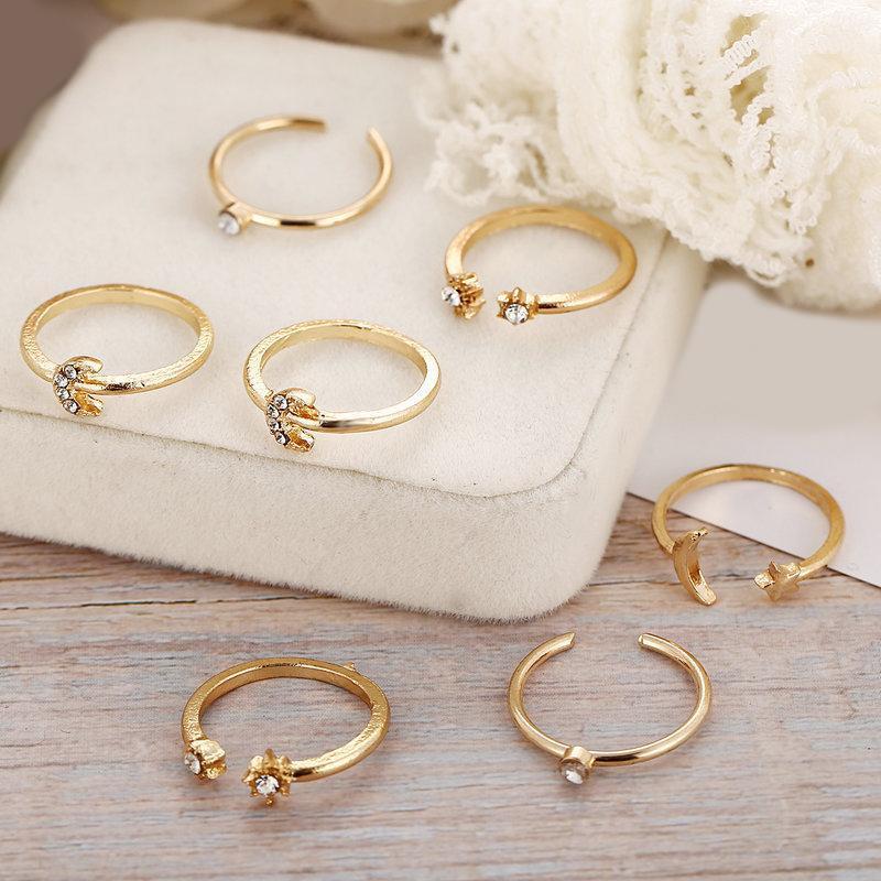 7 Piece Moon & Stars Ring Set With Austrian® Crystals 18K Gold Plated