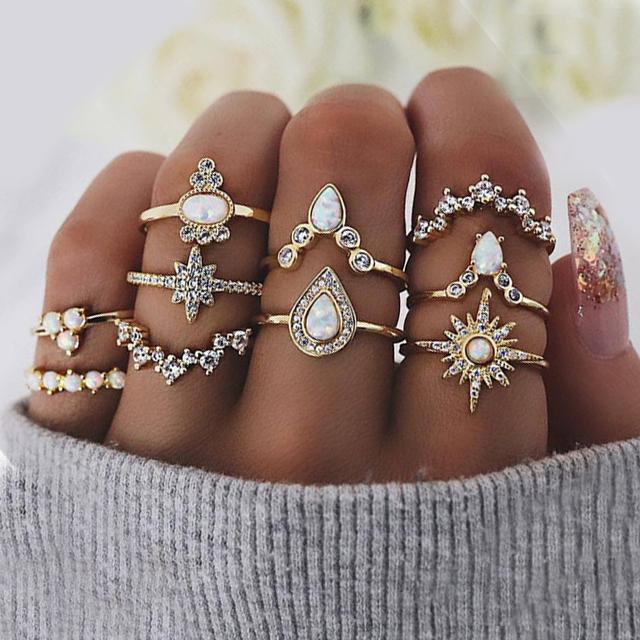 10 Piece Opal Created Ring Set With Austrian Crystals 18K Gold Plated