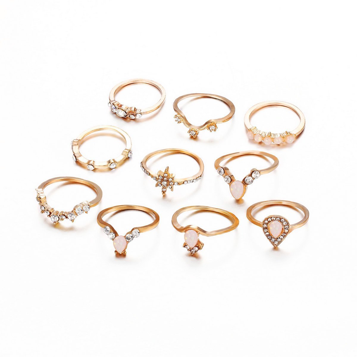 10 Piece Opal Created Ring Set With Austrian Crystals 18K Gold Plated