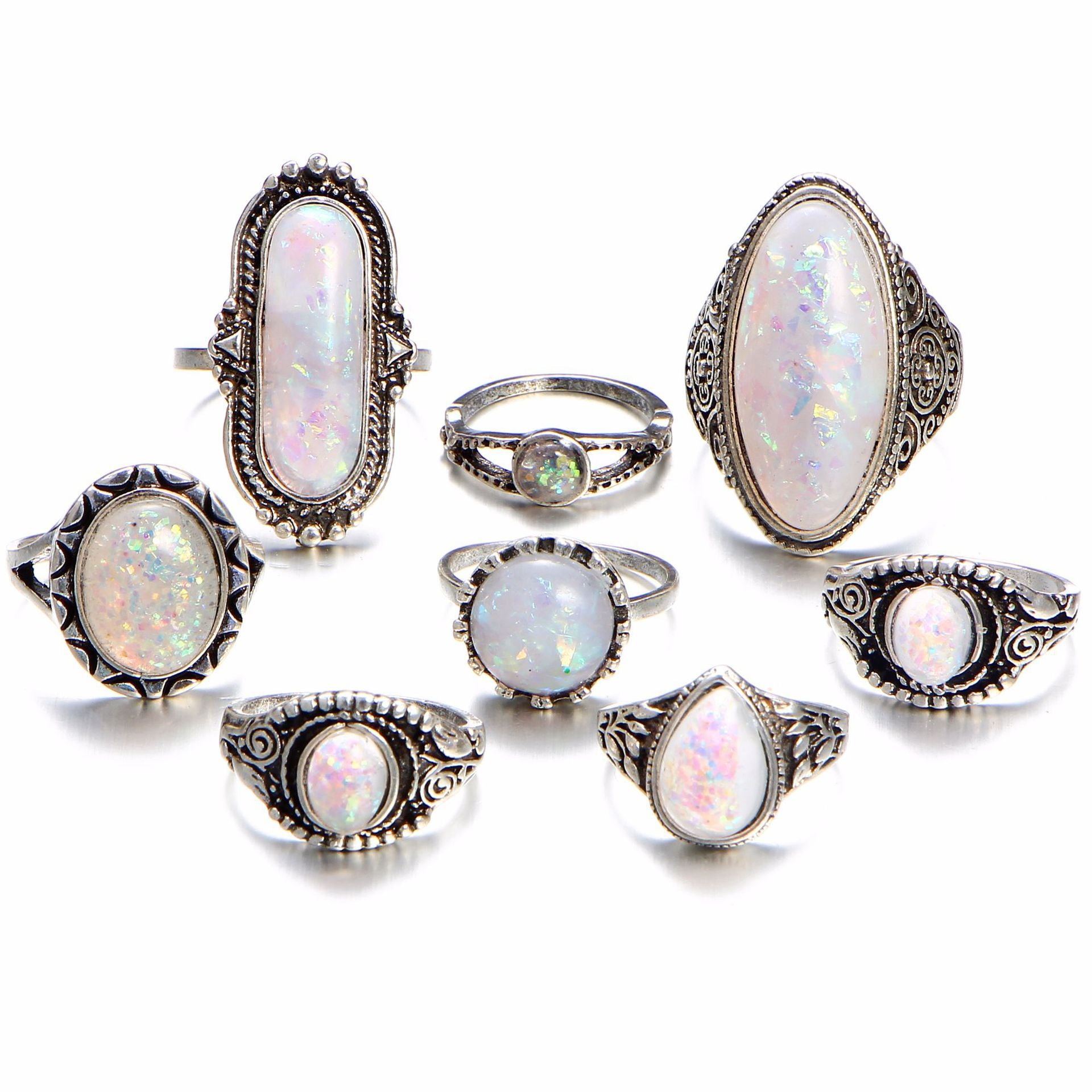 8 Piece Opal Created Oxidized Ring Set With Austrian Crystals 18K