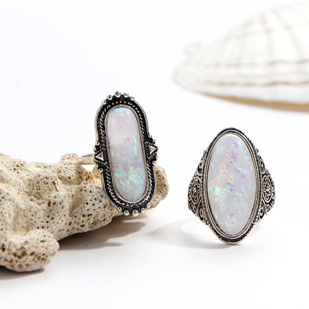 8 Piece Opal Created Oxidized Ring Set With Austrian Crystals 18K