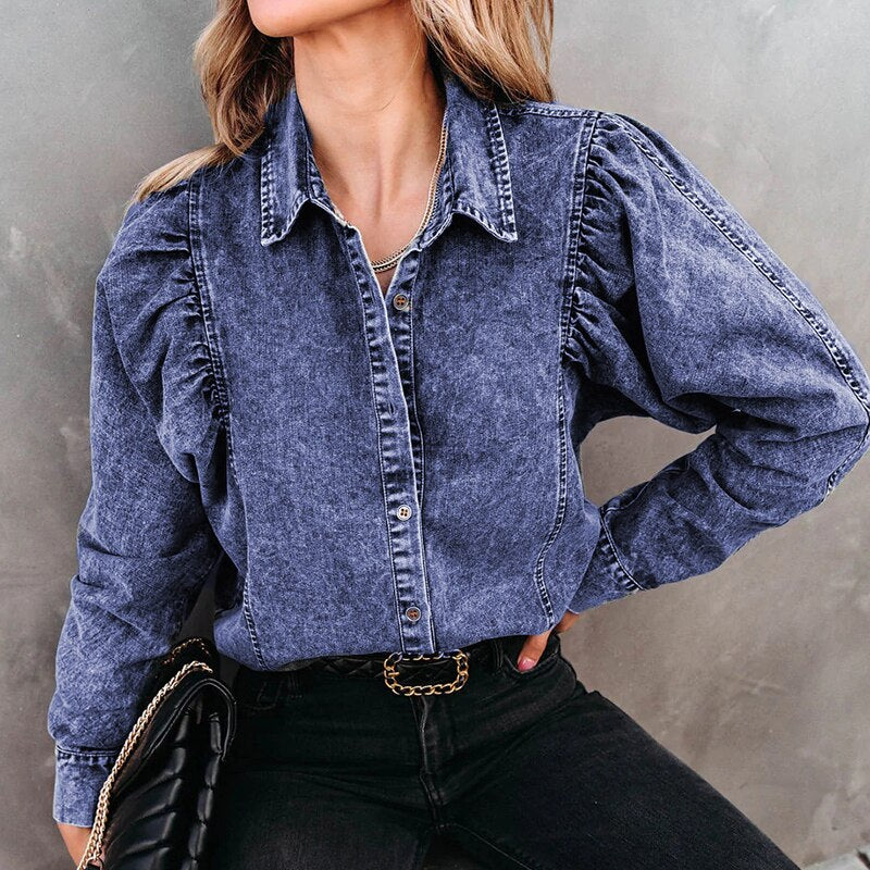 High Street Retro Denim Shirt Tops