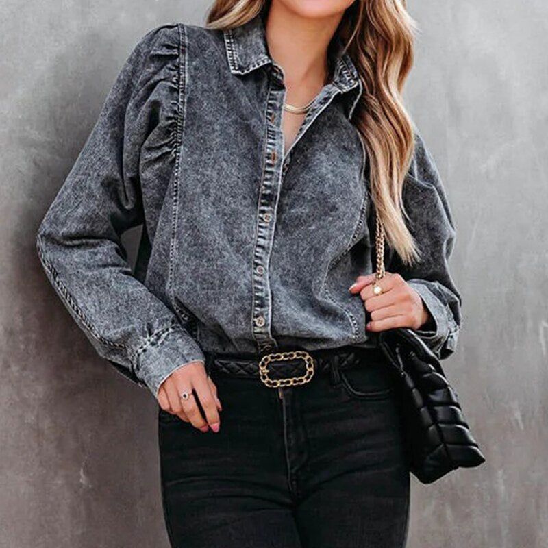 High Street Retro Denim Shirt Tops