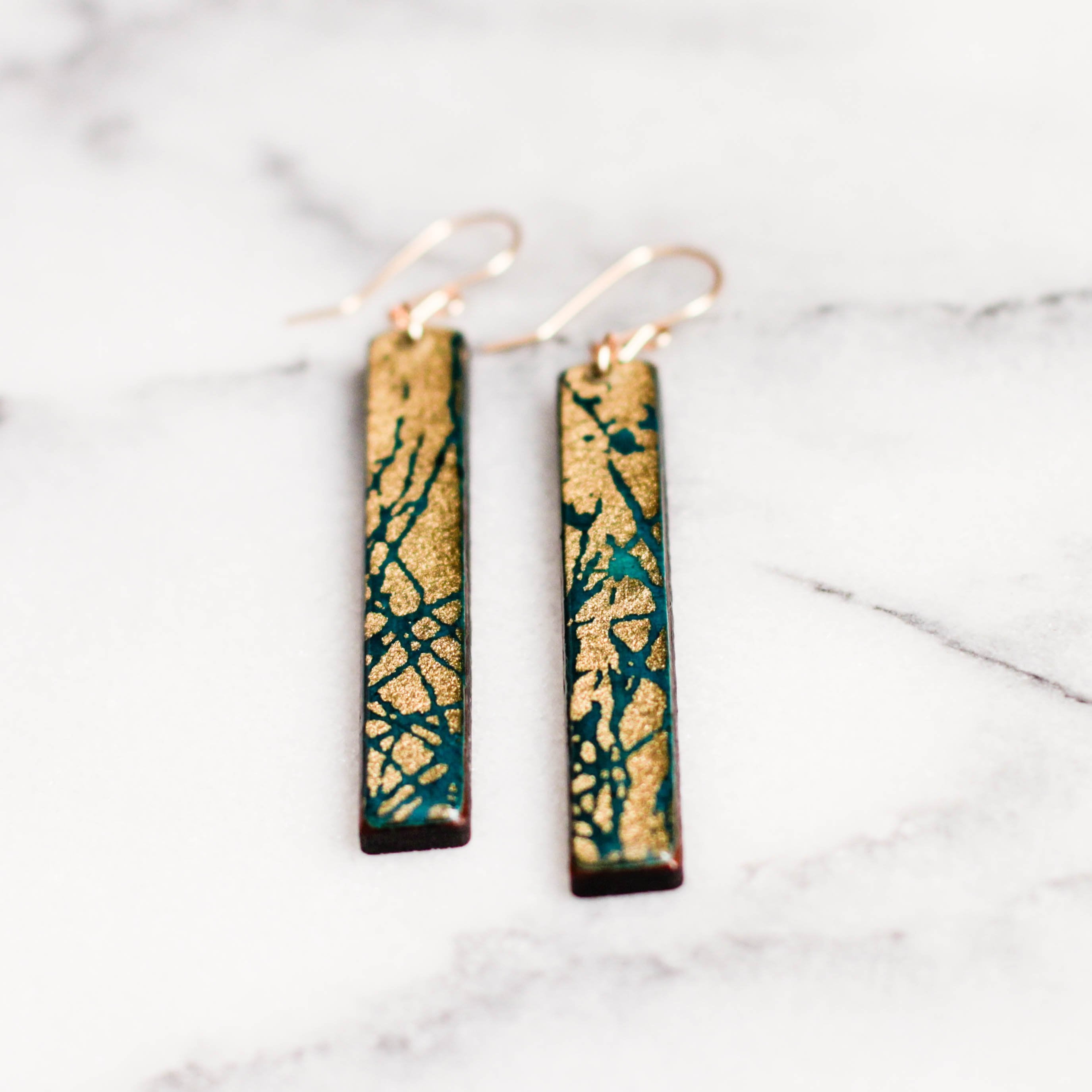 Peacock Blue + Gold Bar Earrings