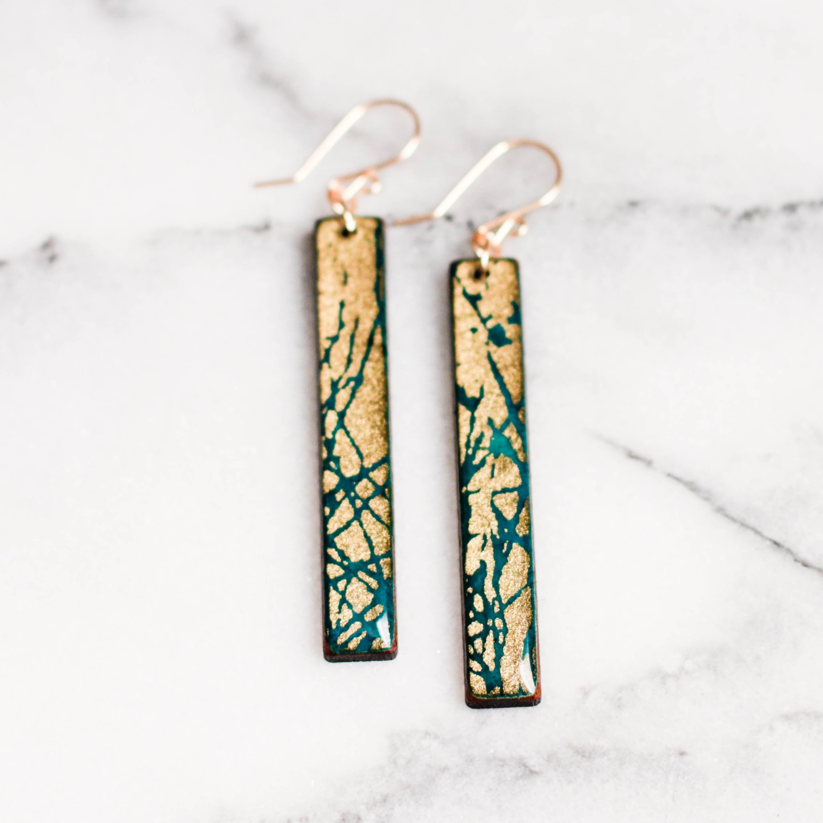 Peacock Blue + Gold Bar Earrings