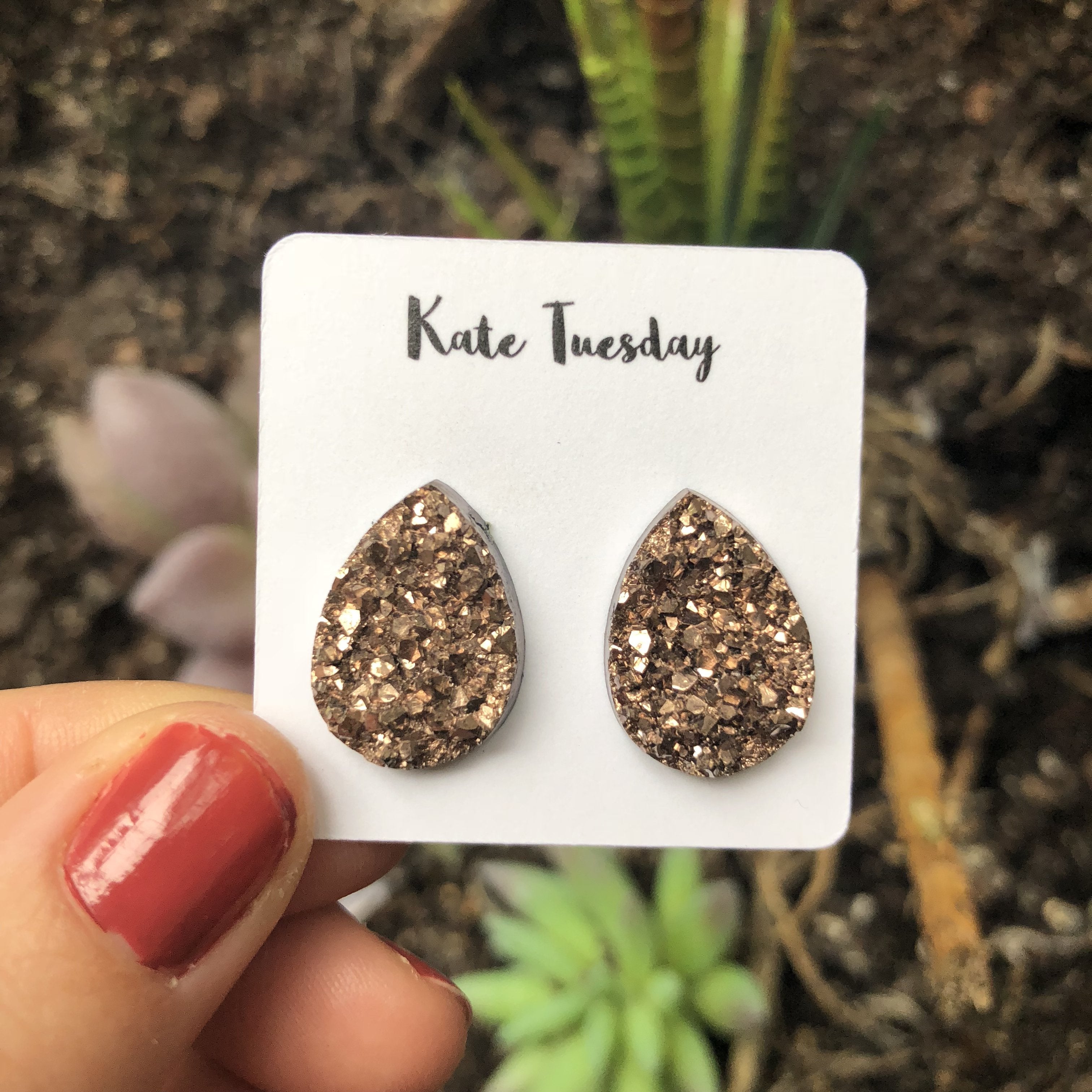 Rose Gold Raw Teardrop Druzy Earrings | Olive Felix