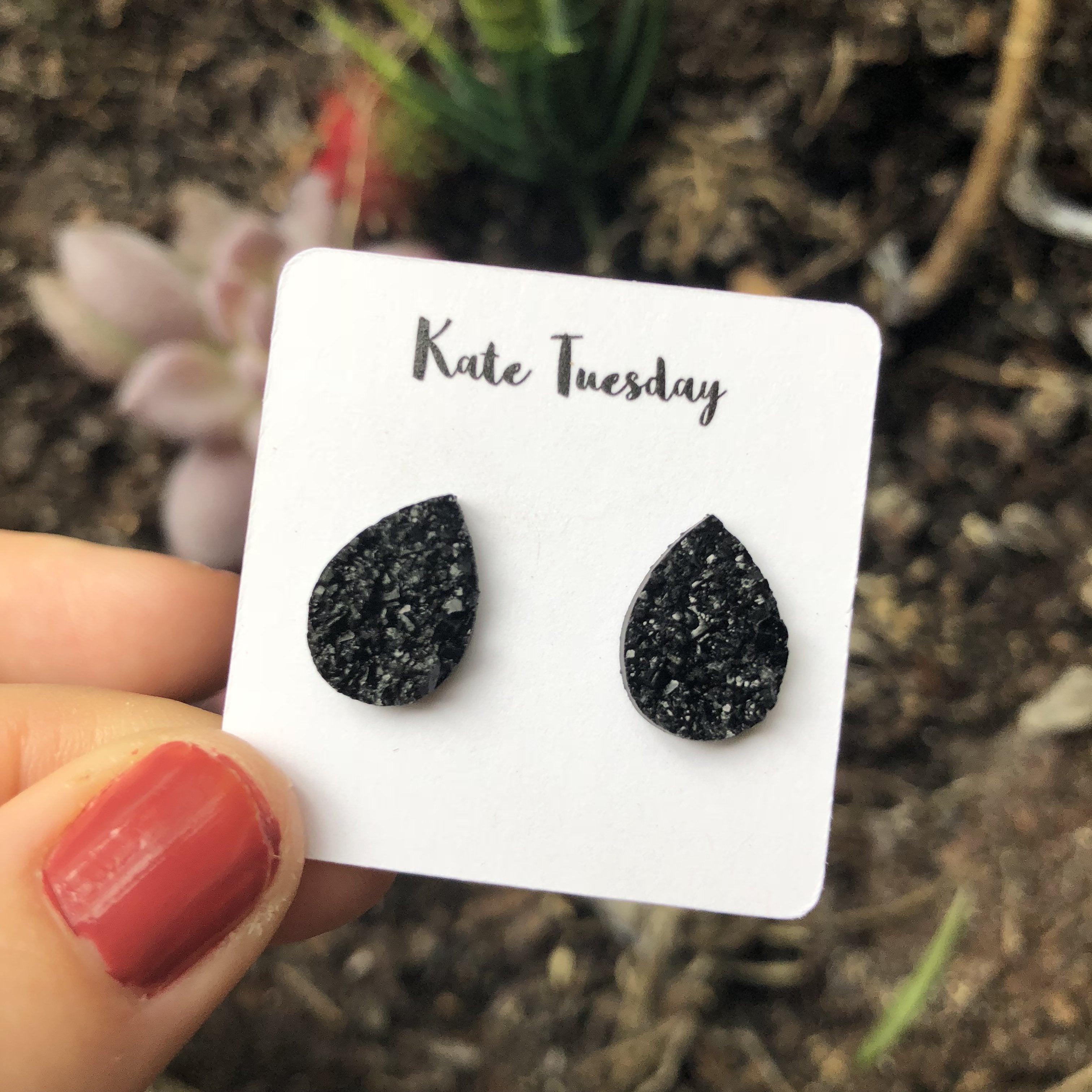 Black Teardrop Druzy Earrings | Olive Felix