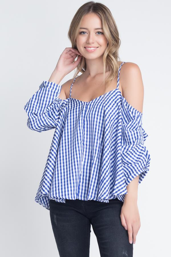 Women's Cold Shoulder Checkered Top | Ivory Felix