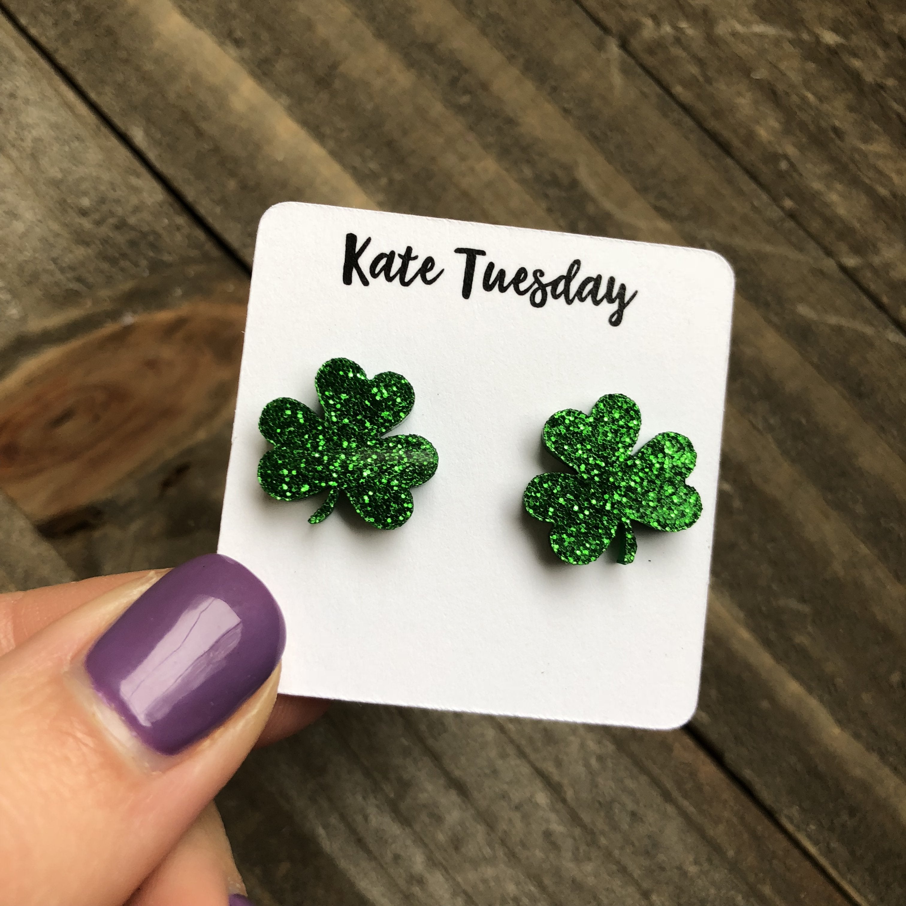 Glitter Acrylic St. Patties Day Clover Earrings 3 Leaf | Olive Felix